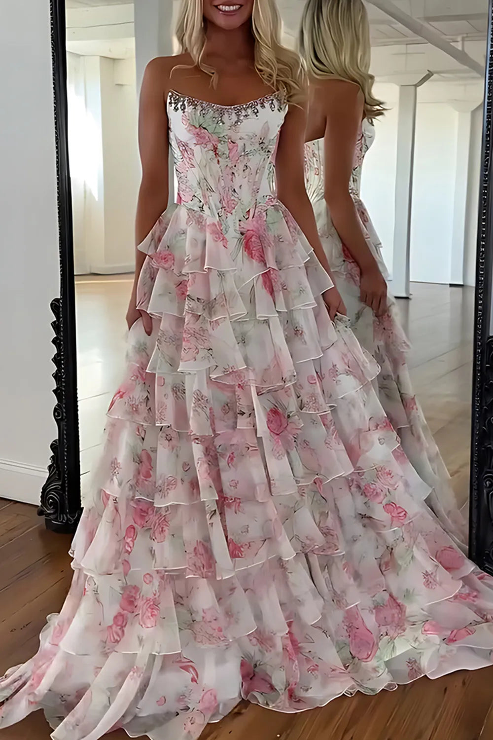 Blue Floral Chiffon Tiered Strapless A-Line Long Prom Dress with Slit