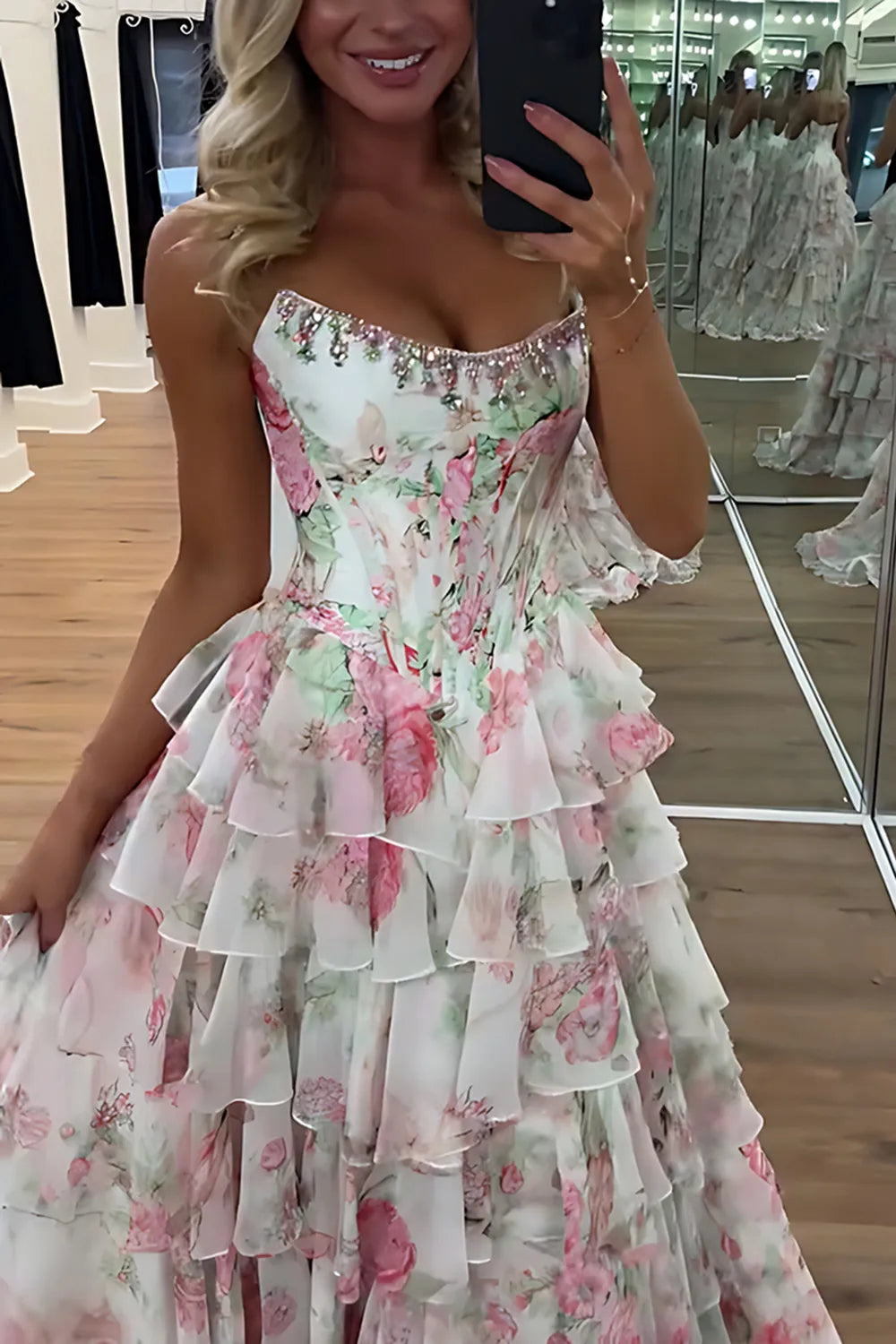 Blue Floral Chiffon Tiered Strapless A-Line Long Prom Dress with Slit