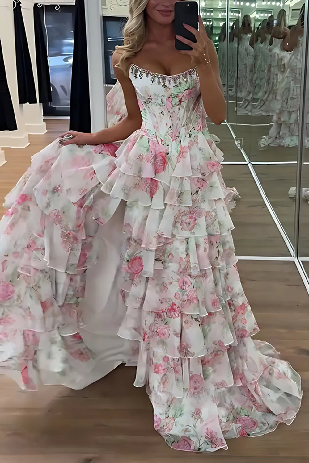 Blue Floral Chiffon Tiered Strapless A-Line Long Prom Dress with Slit