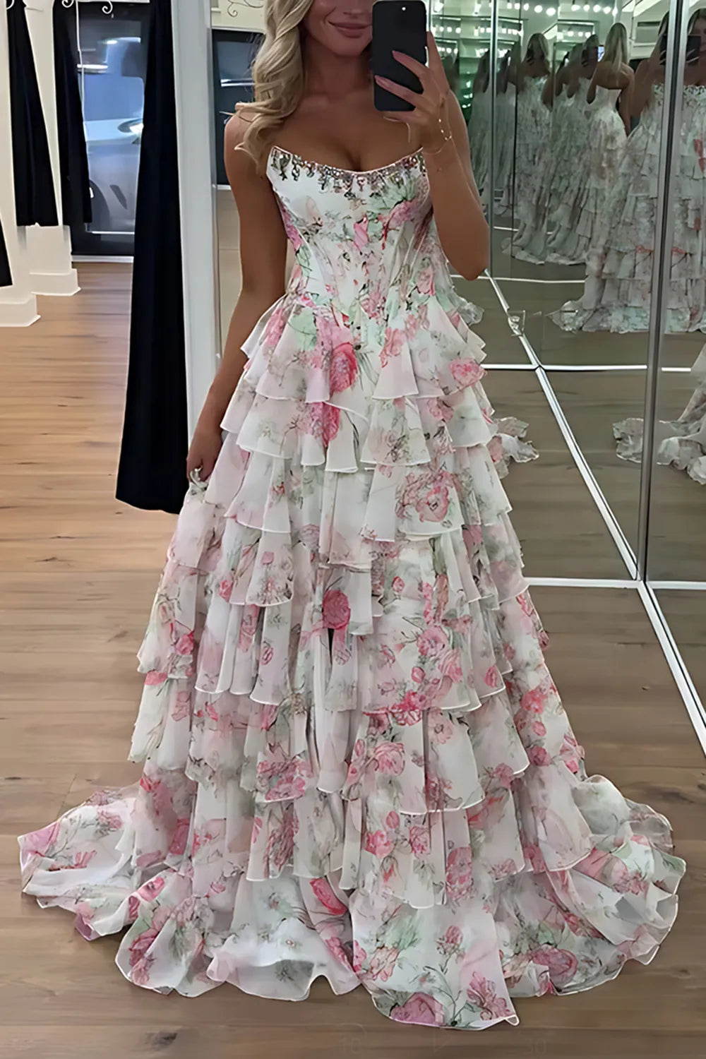 Blue Floral Chiffon Tiered Strapless A-Line Long Prom Dress with Slit