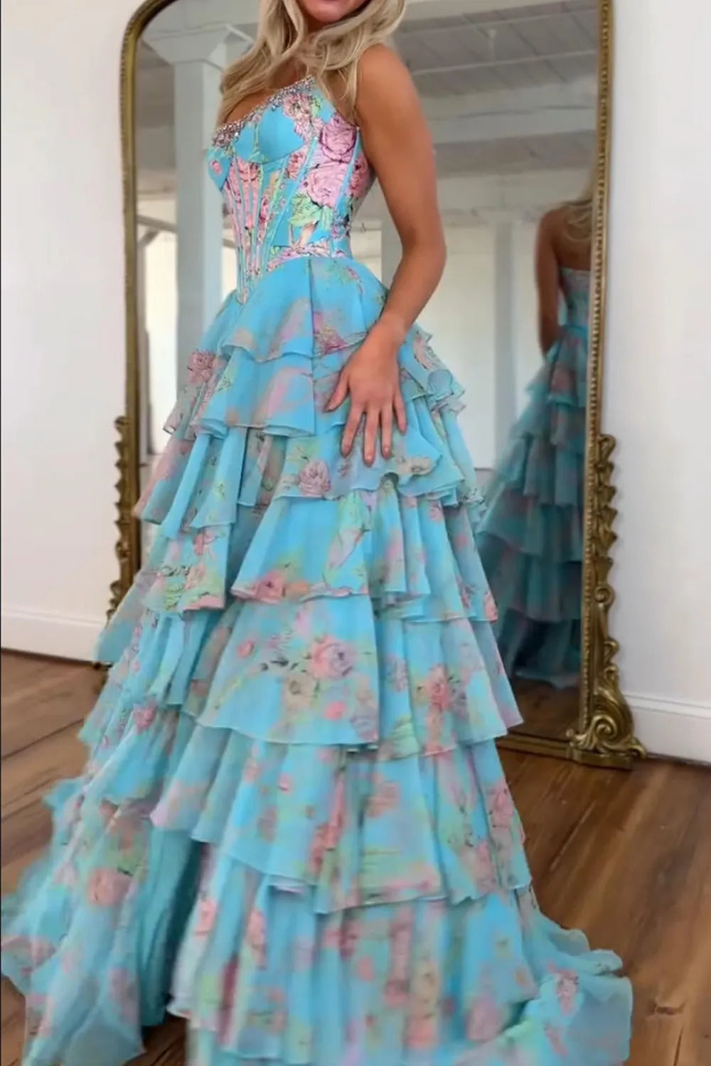 Blue Floral Chiffon Tiered Strapless A-Line Long Prom Dress with Slit