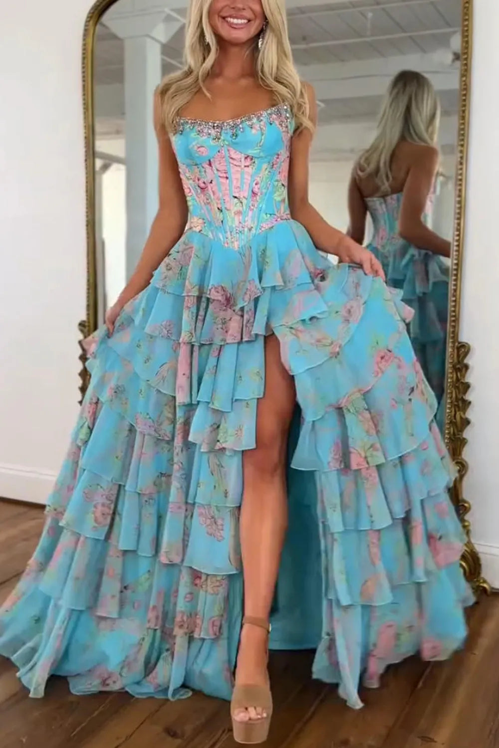 Blue Floral Chiffon Tiered Strapless A-Line Long Prom Dress with Slit