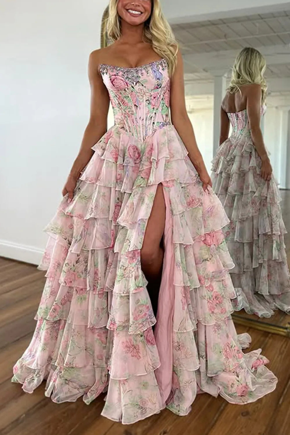Blue Floral Chiffon Tiered Strapless A-Line Long Prom Dress with Slit