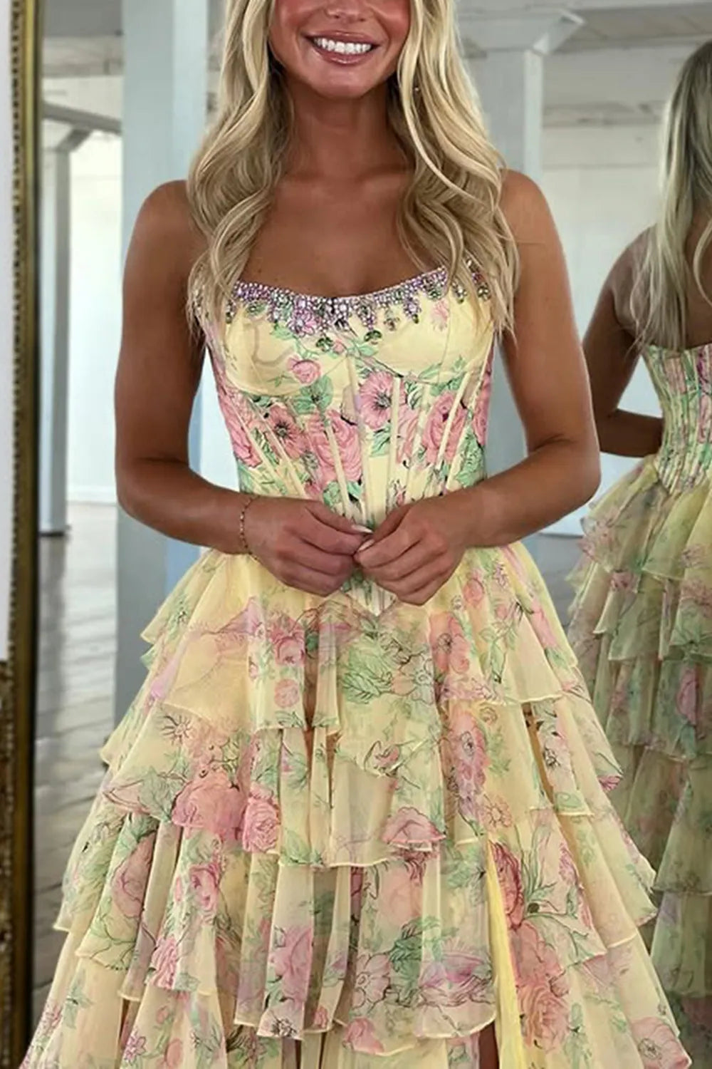 Blue Floral Chiffon Tiered Strapless A-Line Long Prom Dress with Slit