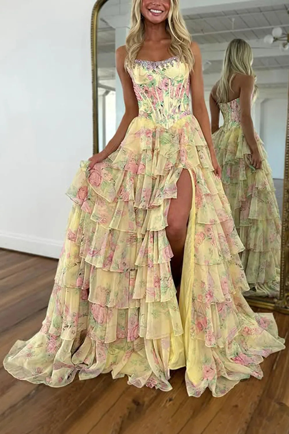 Blue Floral Chiffon Tiered Strapless A-Line Long Prom Dress with Slit