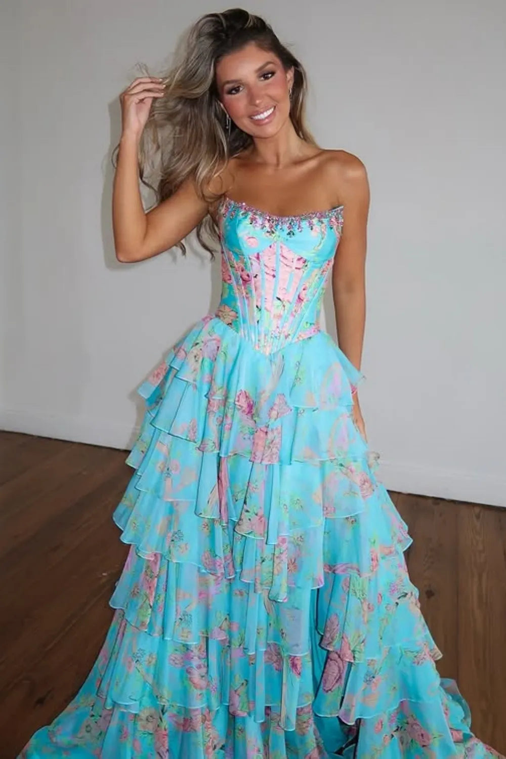 Blue Floral Chiffon Tiered Strapless A-Line Long Prom Dress with Slit