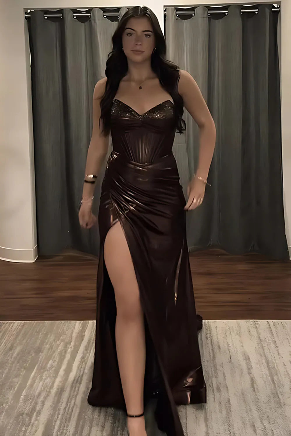 Sparkly Brown Sweetheart Metallic Mermaid Long Prom Dress with Beading