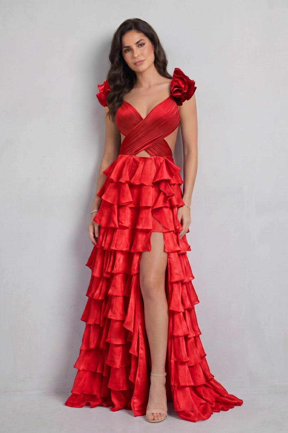 Red V-Neck Satin A-Line 3D Flowers Tiered Long Prom Dress with Slit