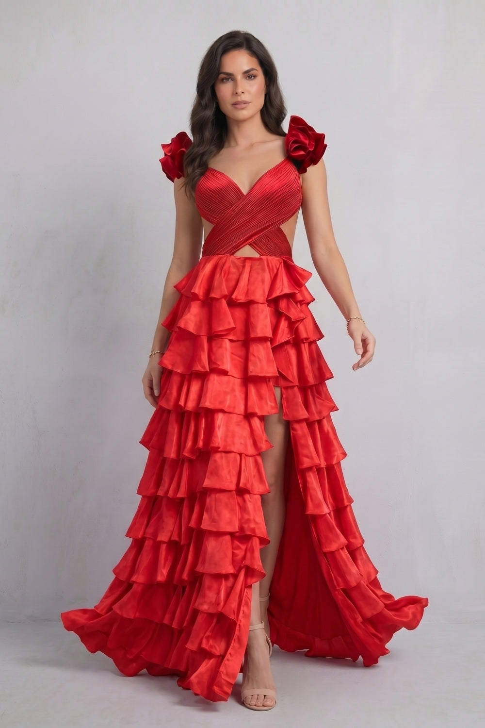 Red V-Neck Satin A-Line 3D Flowers Tiered Long Prom Dress with Slit