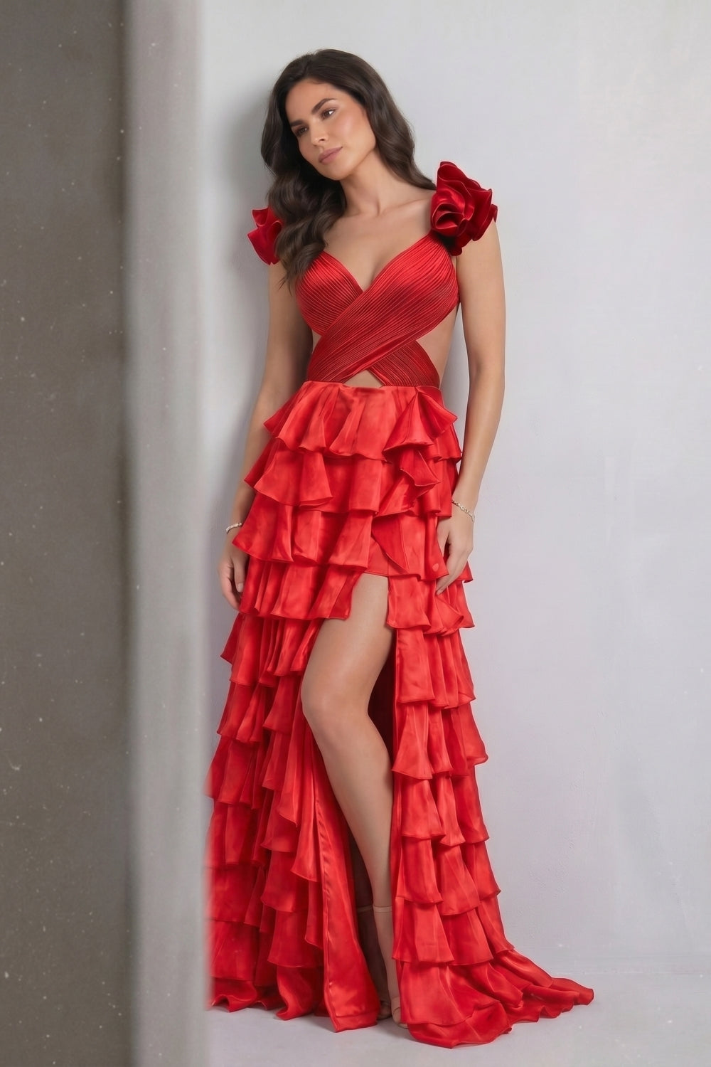 Red V-Neck Satin A-Line 3D Flowers Tiered Long Prom Dress with Slit