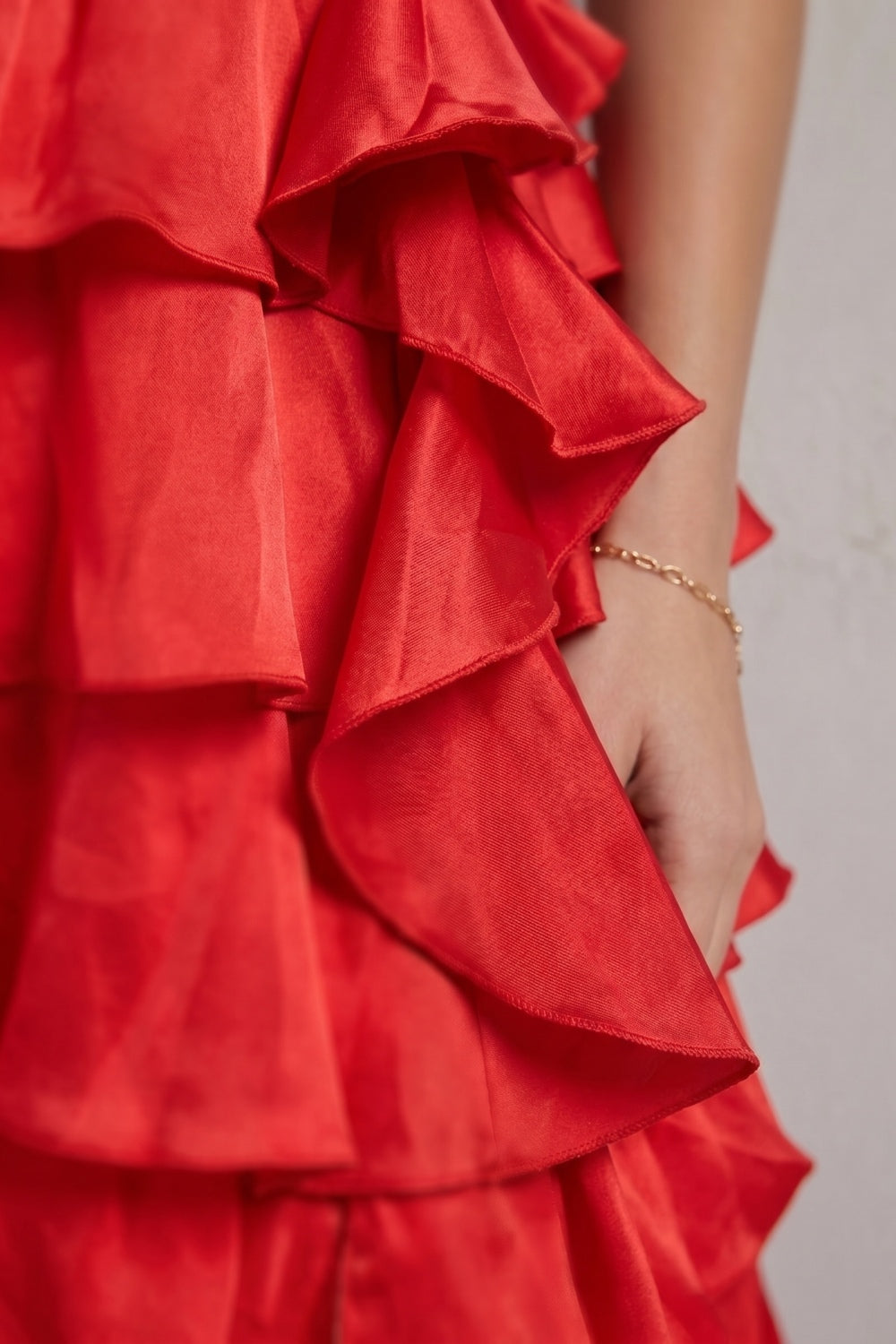 Red V-Neck Satin A-Line 3D Flowers Tiered Long Prom Dress with Slit