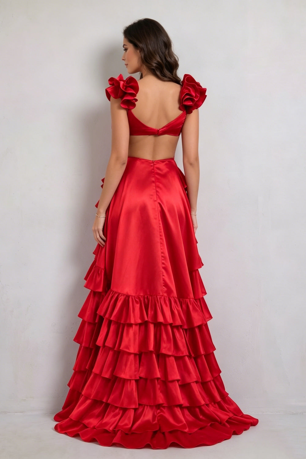 Red V-Neck Satin A-Line 3D Flowers Tiered Long Prom Dress with Slit