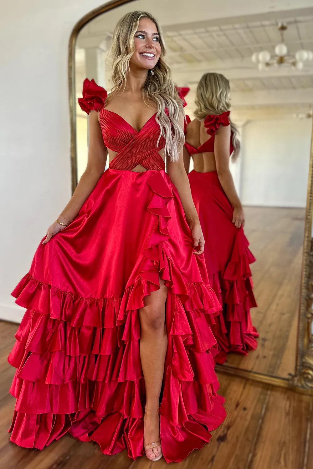 Red V-Neck Satin A-Line 3D Flowers Long Prom Dress with Ruffles