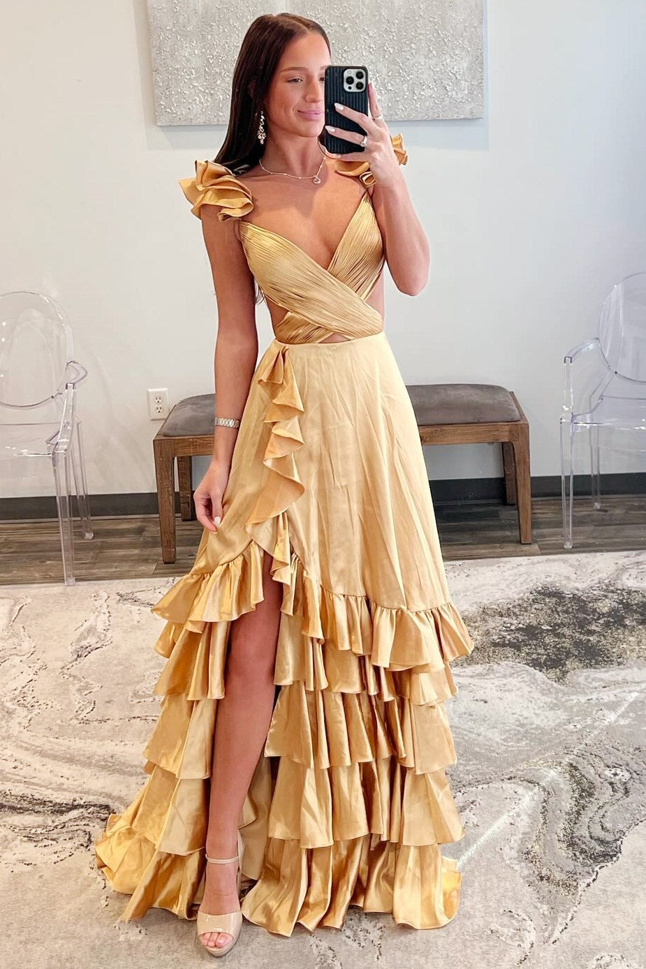 Red V-Neck Satin A-Line 3D Flowers Long Prom Dress with Ruffles
