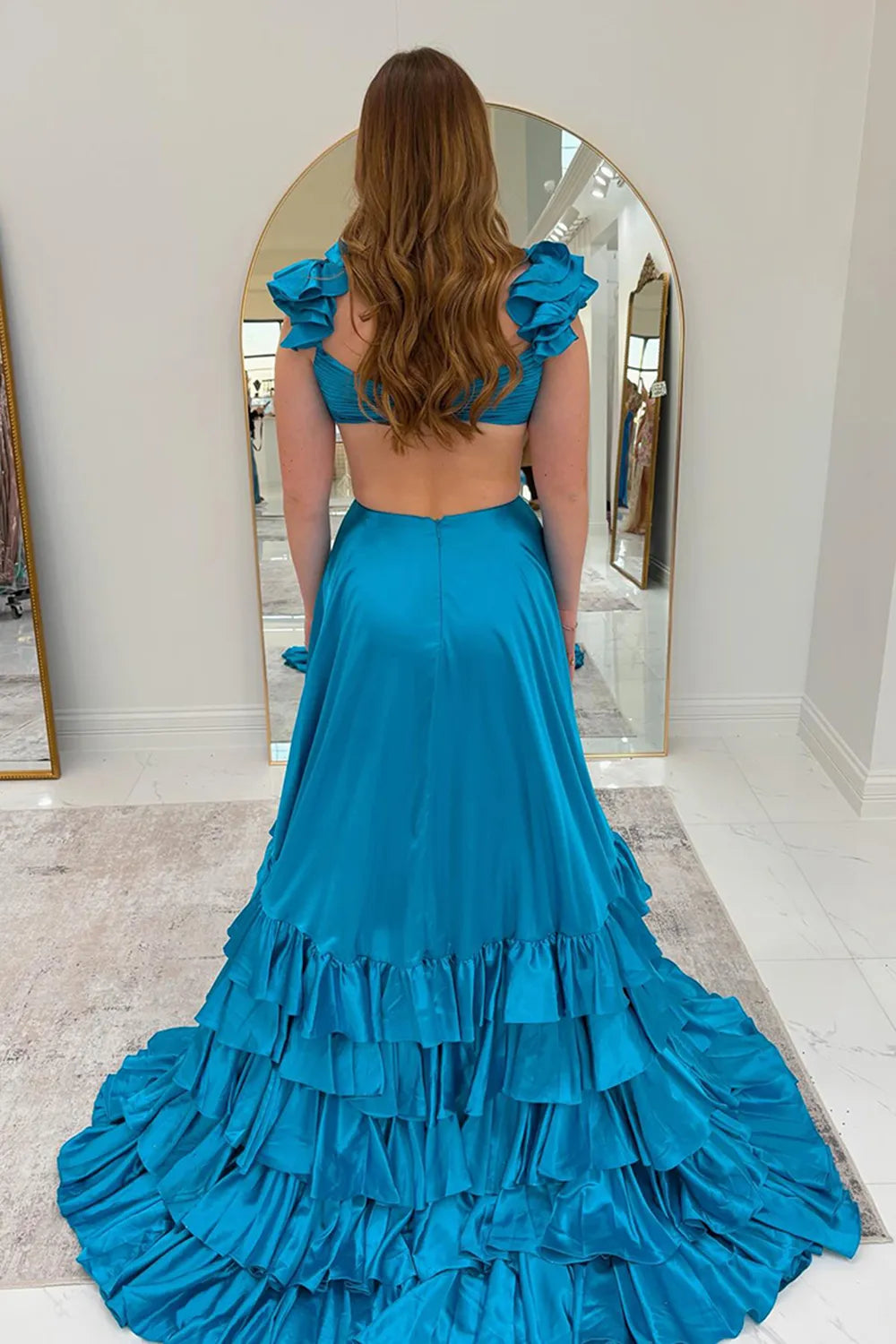 Red V-Neck Satin A-Line 3D Flowers Long Prom Dress with Ruffles