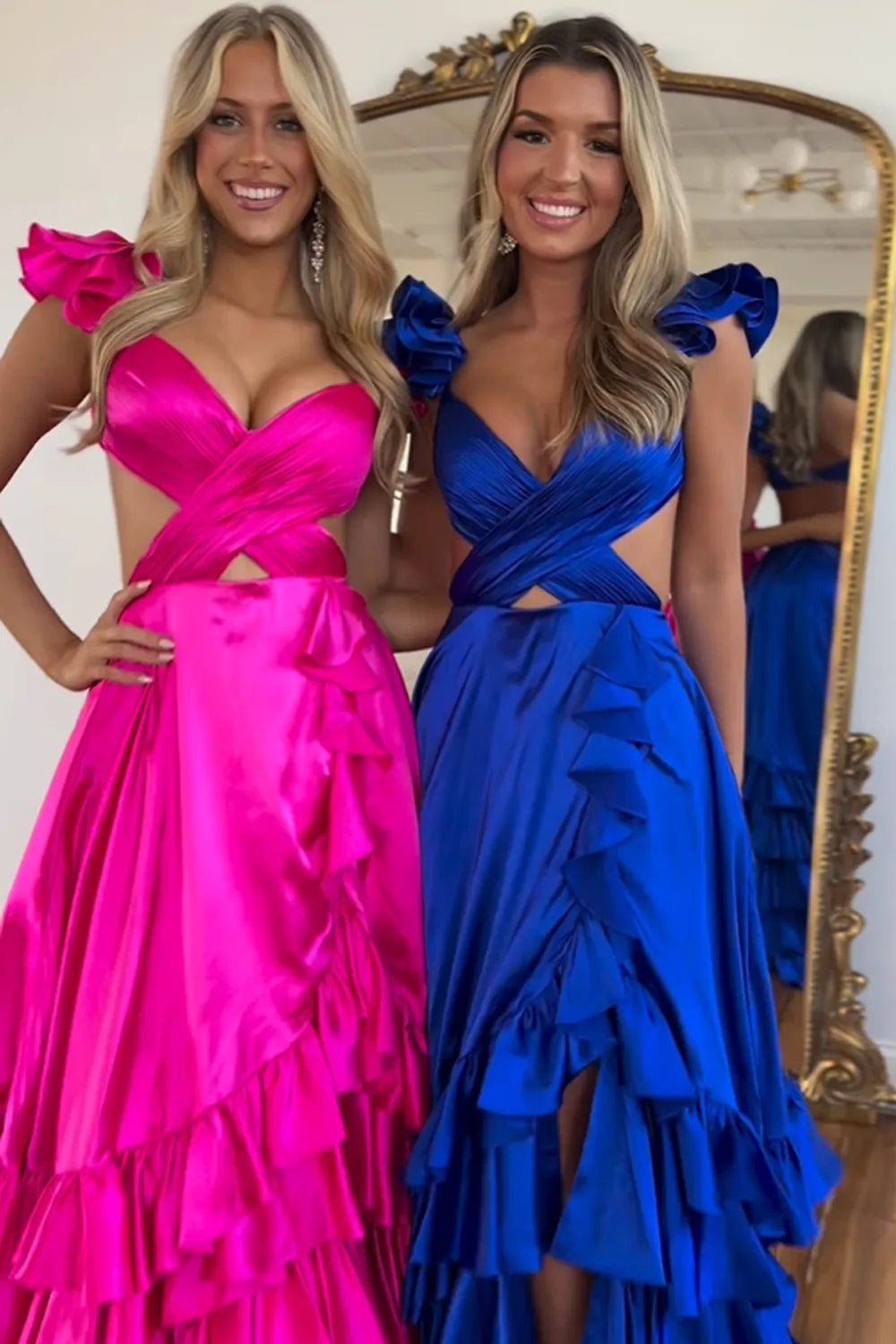 Red V-Neck Satin A-Line 3D Flowers Long Prom Dress with Ruffles