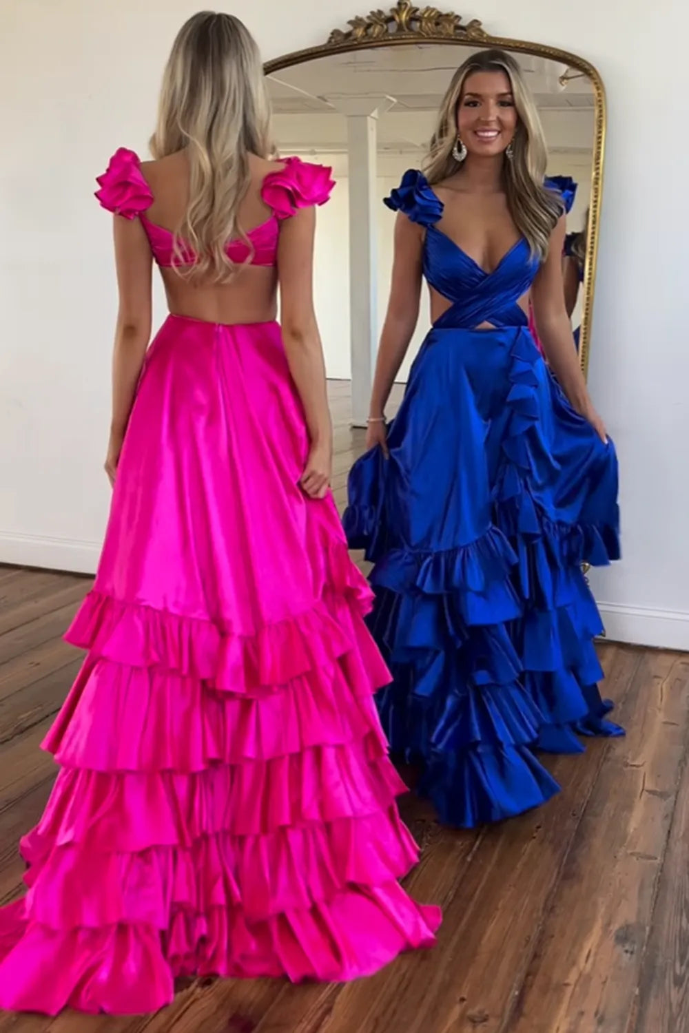 Red V-Neck Satin A-Line 3D Flowers Long Prom Dress with Ruffles