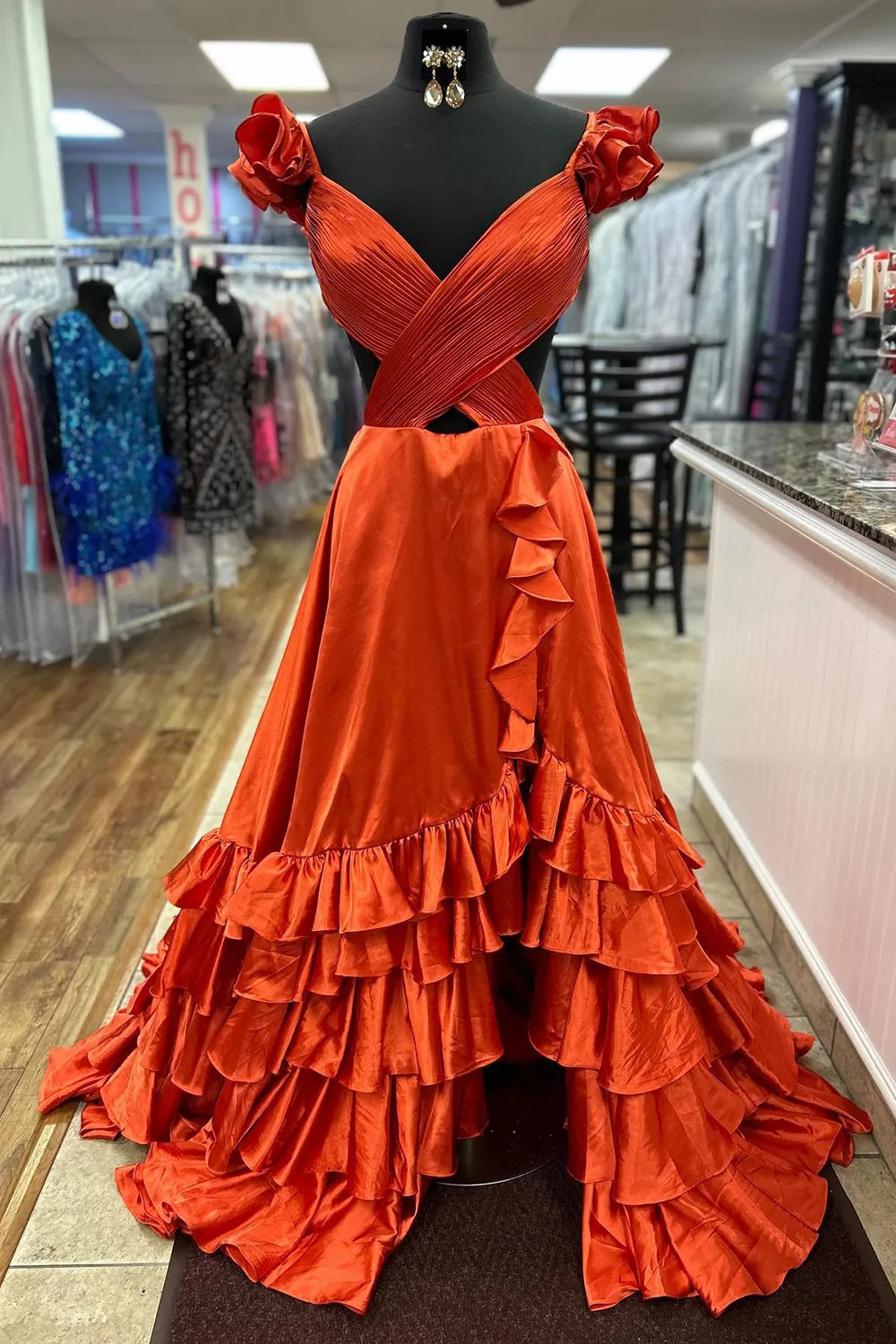 Red V-Neck Satin A-Line 3D Flowers Long Prom Dress with Ruffles