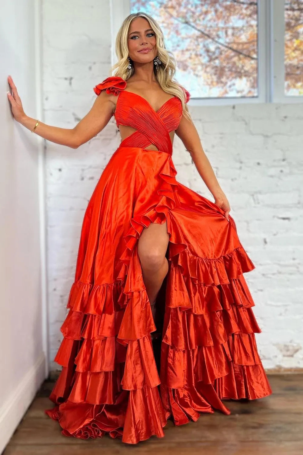 Red V-Neck Satin A-Line 3D Flowers Long Prom Dress with Ruffles
