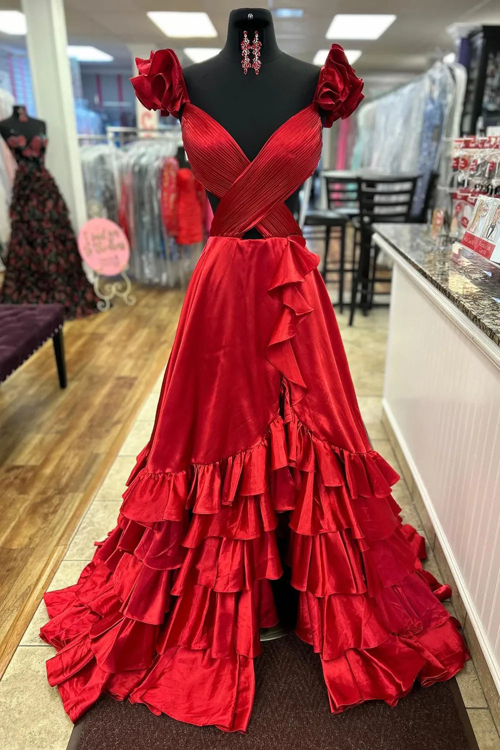 Red V-Neck Satin A-Line 3D Flowers Long Prom Dress with Ruffles