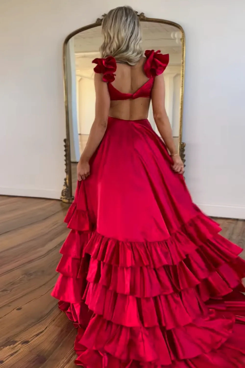 Red V-Neck Satin A-Line 3D Flowers Long Prom Dress with Ruffles
