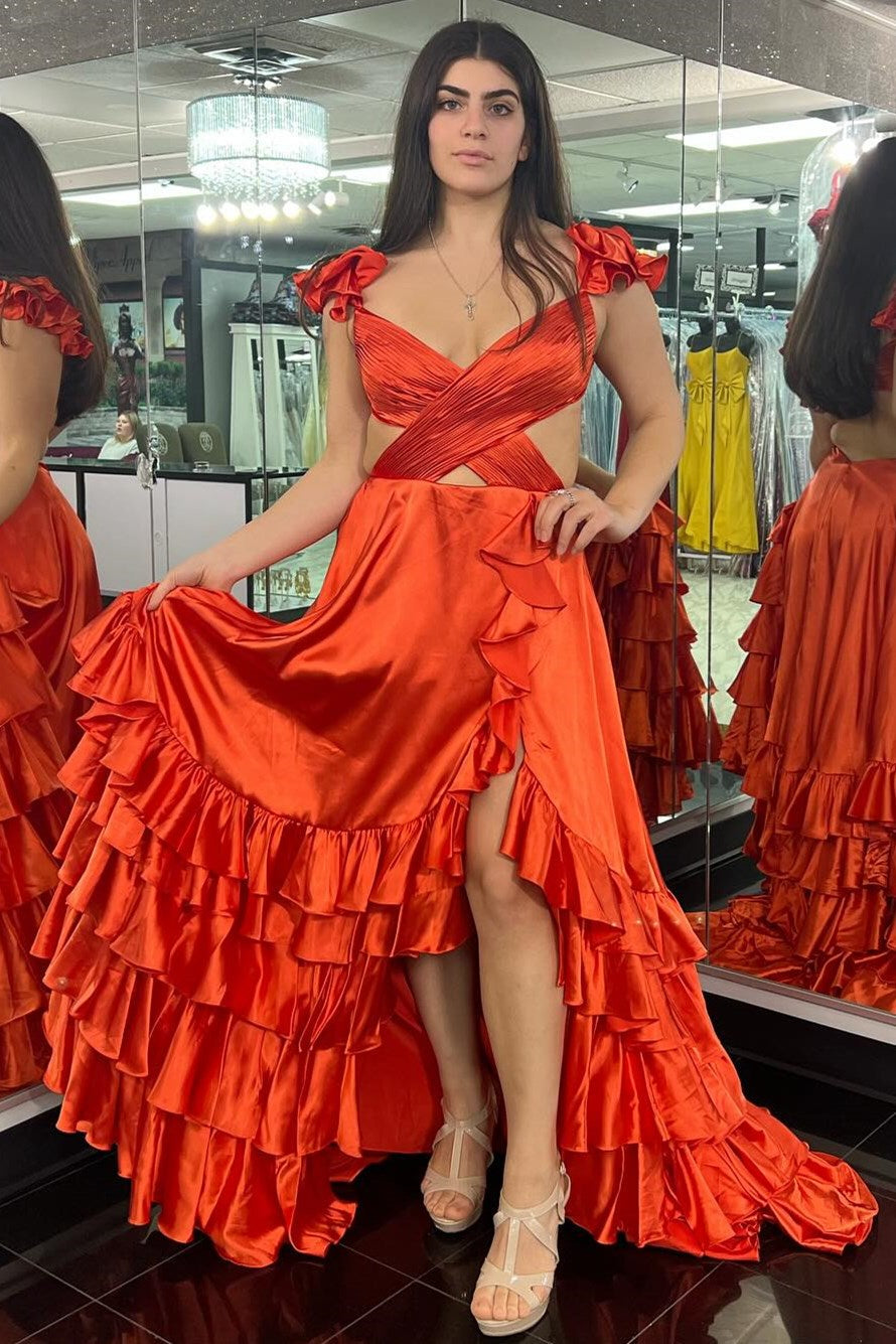 Red V-Neck Satin A-Line 3D Flowers Long Prom Dress with Ruffles