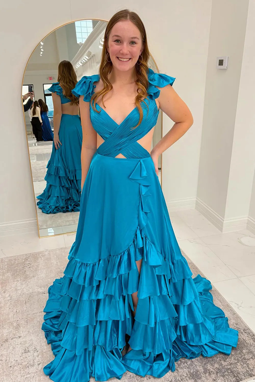 Red V-Neck Satin A-Line 3D Flowers Long Prom Dress with Ruffles