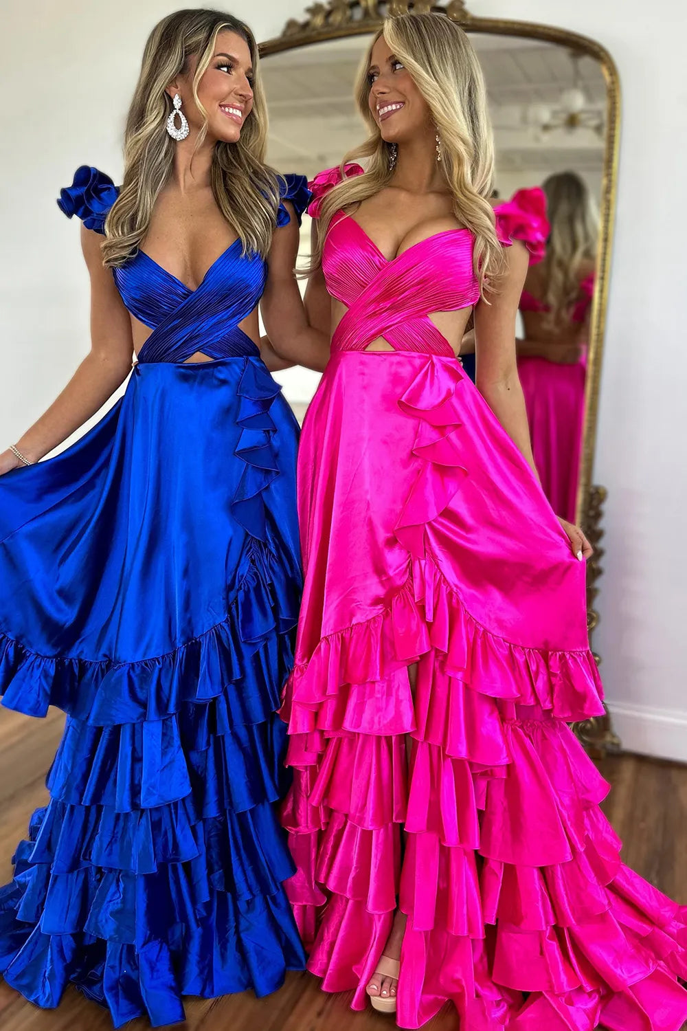 Red V-Neck Satin A-Line 3D Flowers Long Prom Dress with Ruffles
