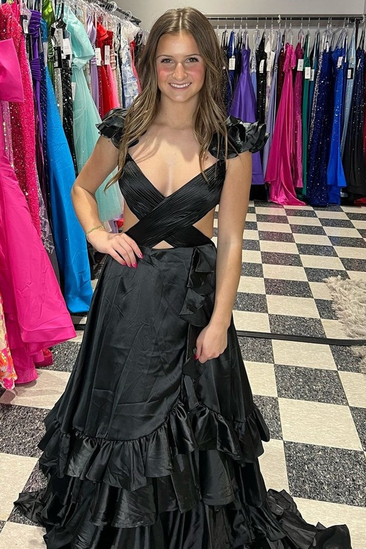 Red V-Neck Satin A-Line 3D Flowers Long Prom Dress with Ruffles