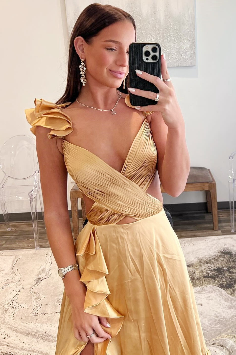 Red V-Neck Satin A-Line 3D Flowers Long Prom Dress with Ruffles