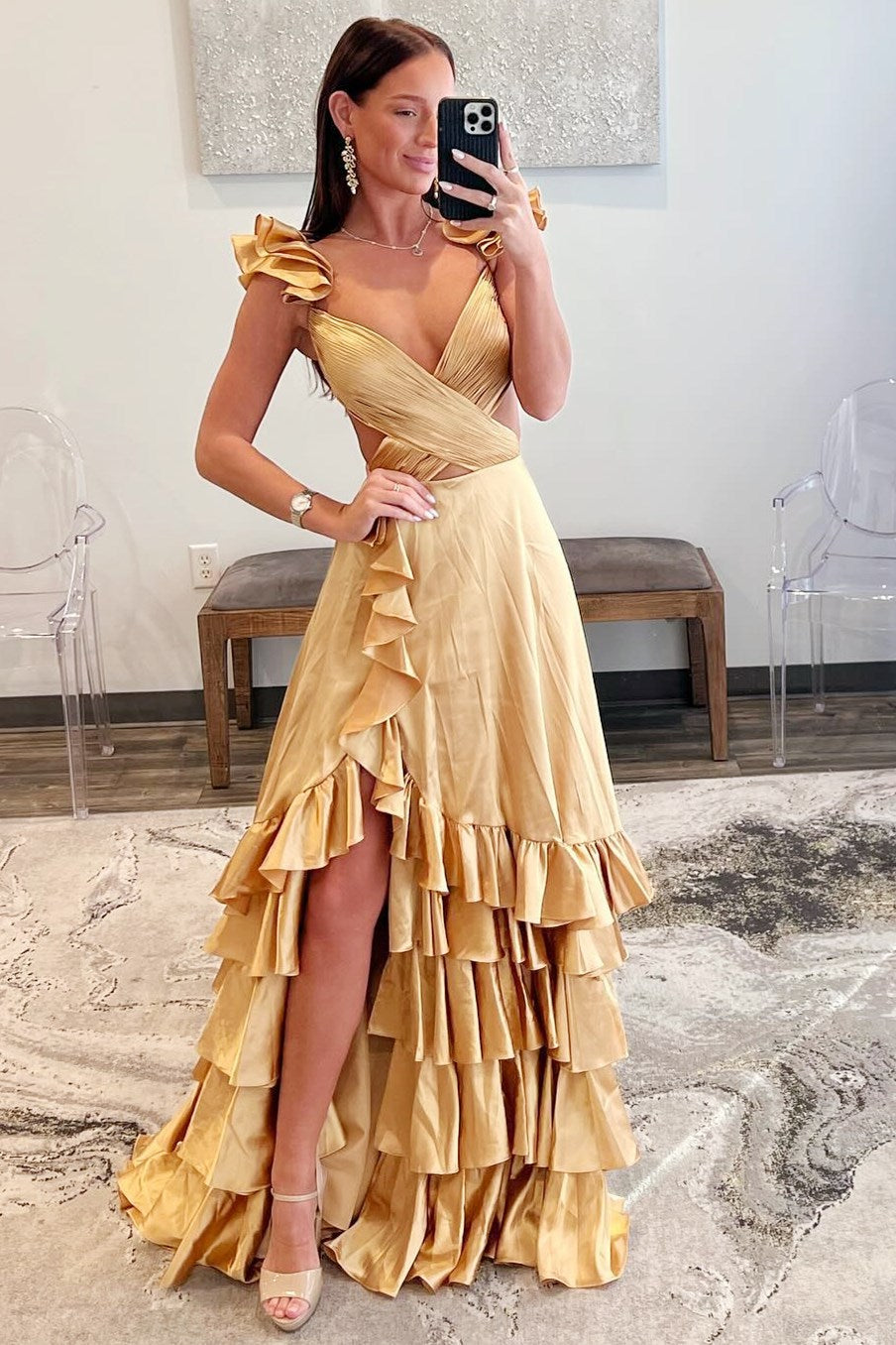 Red V-Neck Satin A-Line 3D Flowers Long Prom Dress with Ruffles