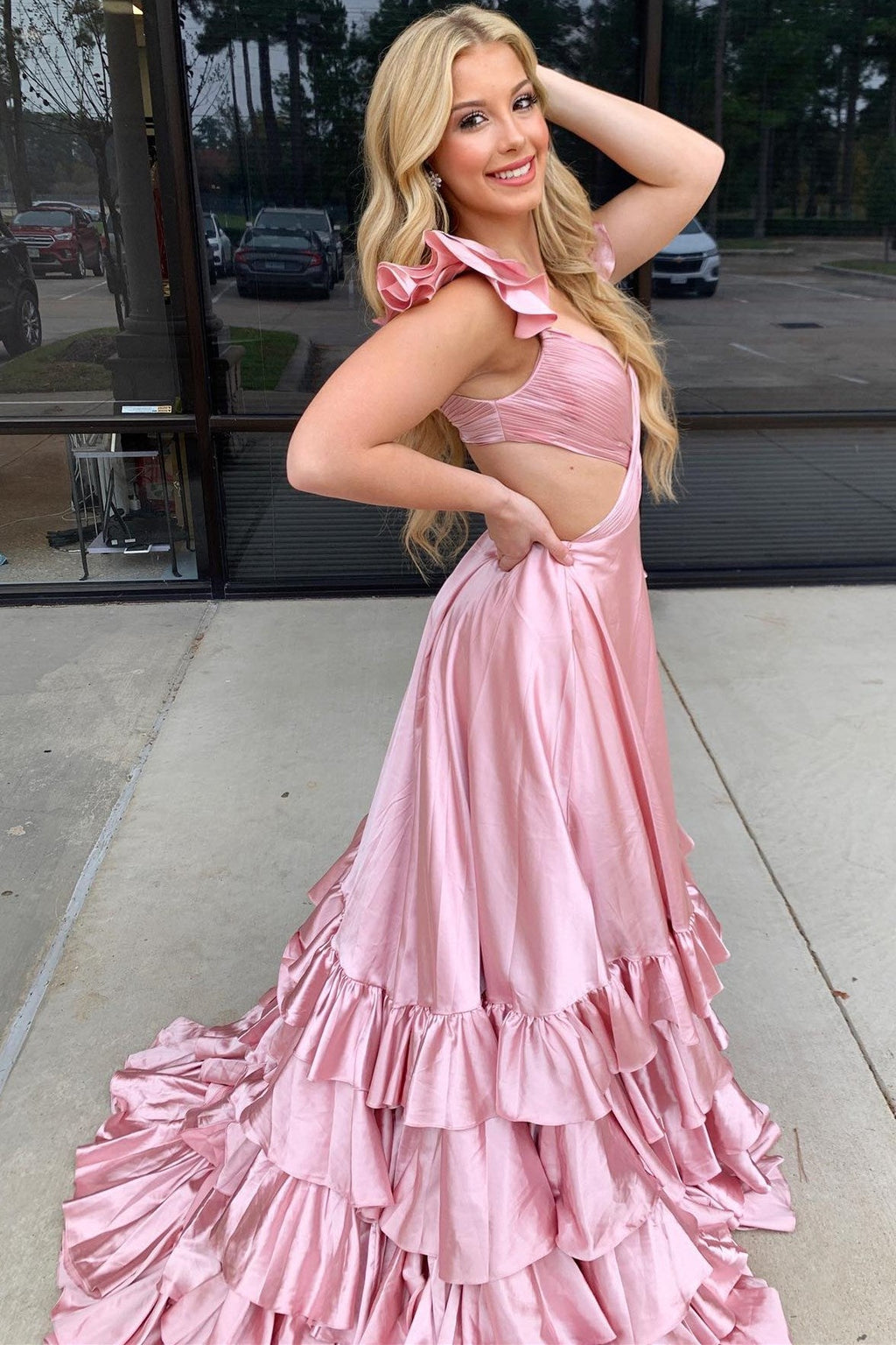 Red V-Neck Satin A-Line 3D Flowers Long Prom Dress with Ruffles