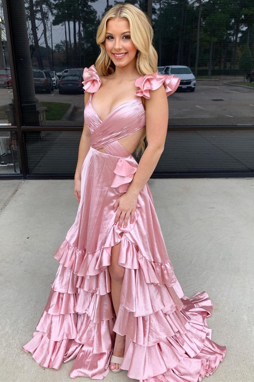 Red V-Neck Satin A-Line 3D Flowers Long Prom Dress with Ruffles