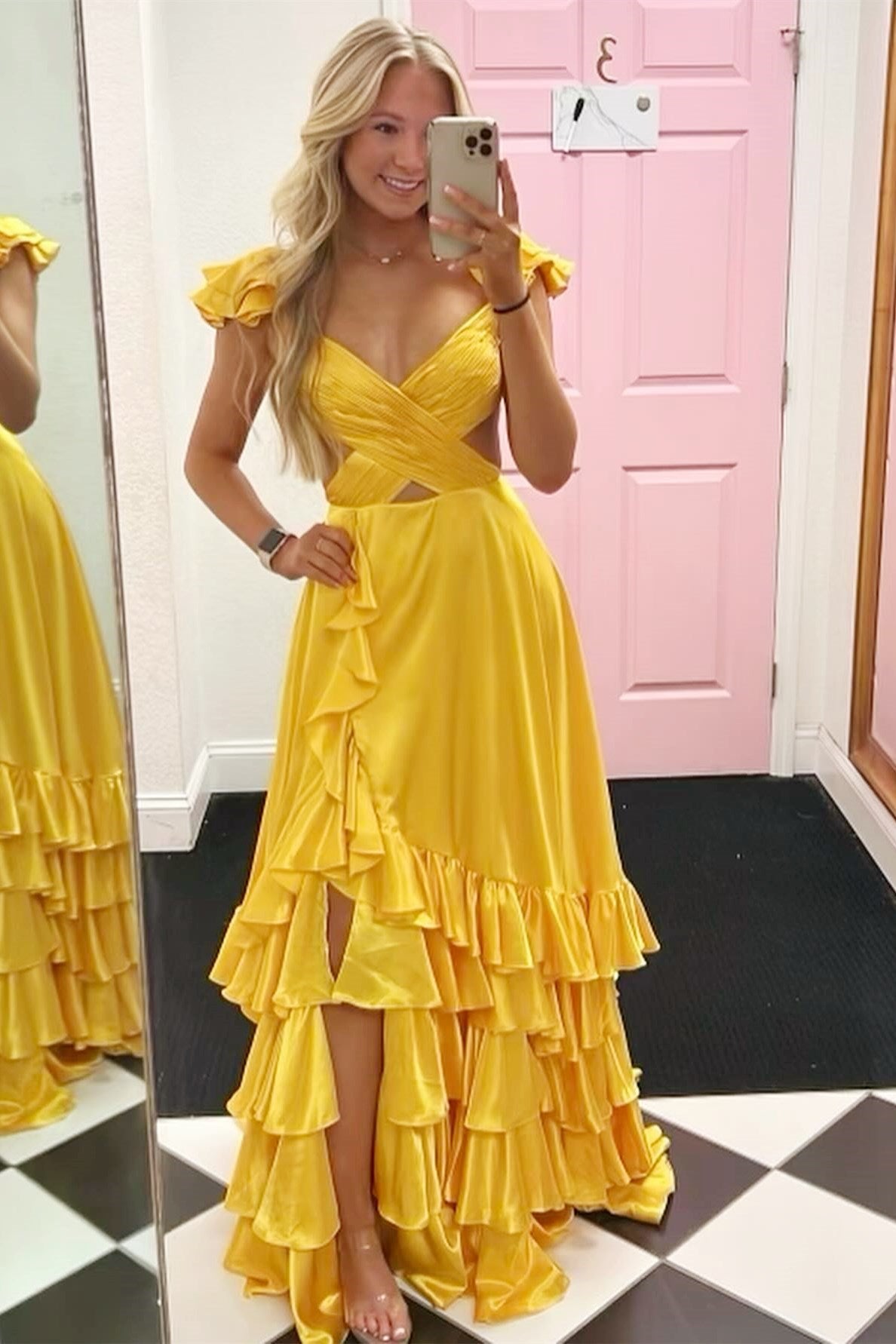 Red V-Neck Satin A-Line 3D Flowers Long Prom Dress with Ruffles