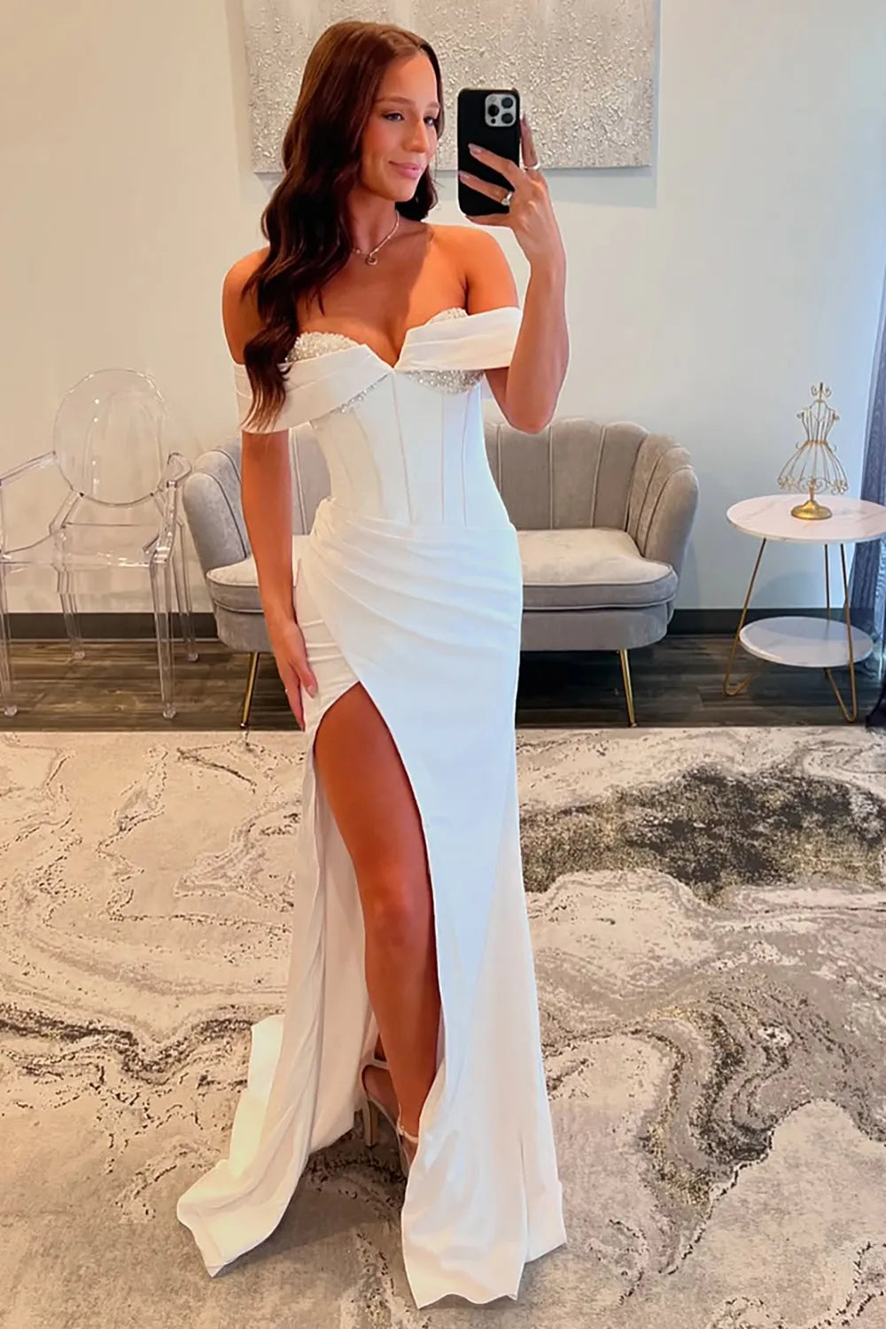 White Off-the-Shoulder Mermaid Long Prom Dress with Beading