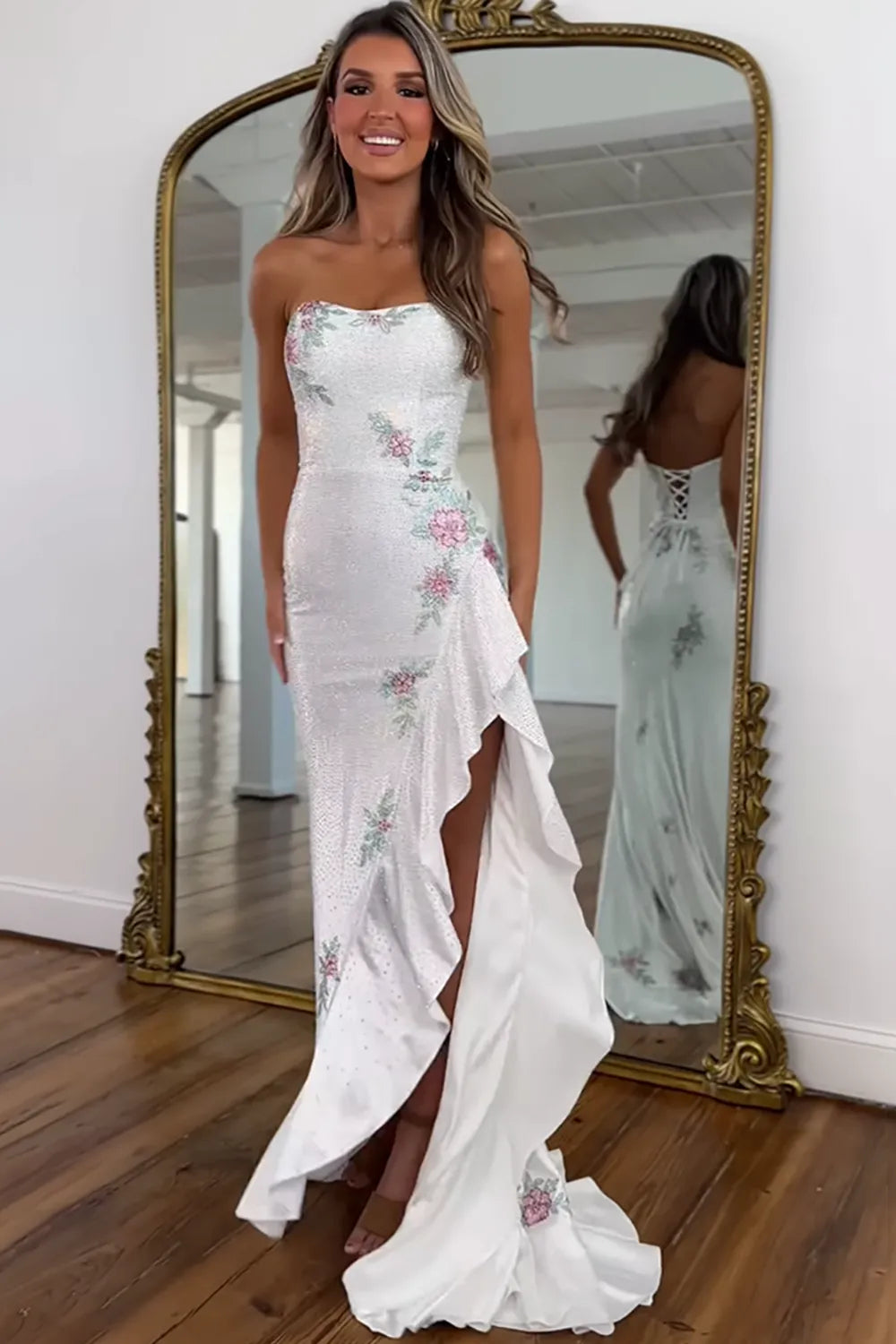 Sparkly White Strapless Beaded Mermaid Long Prom Dress with Slit