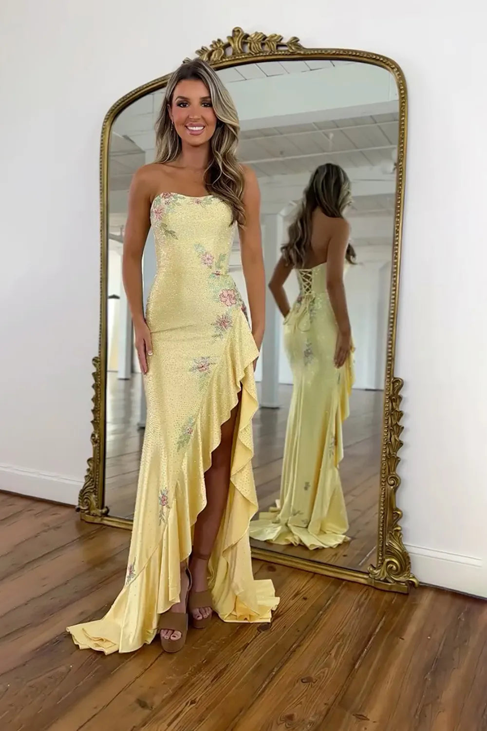 Sparkly White Strapless Beaded Mermaid Long Prom Dress with Slit