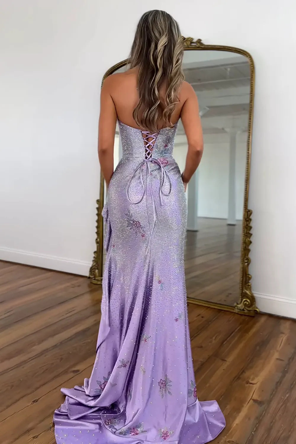Sparkly White Strapless Beaded Mermaid Long Prom Dress with Slit