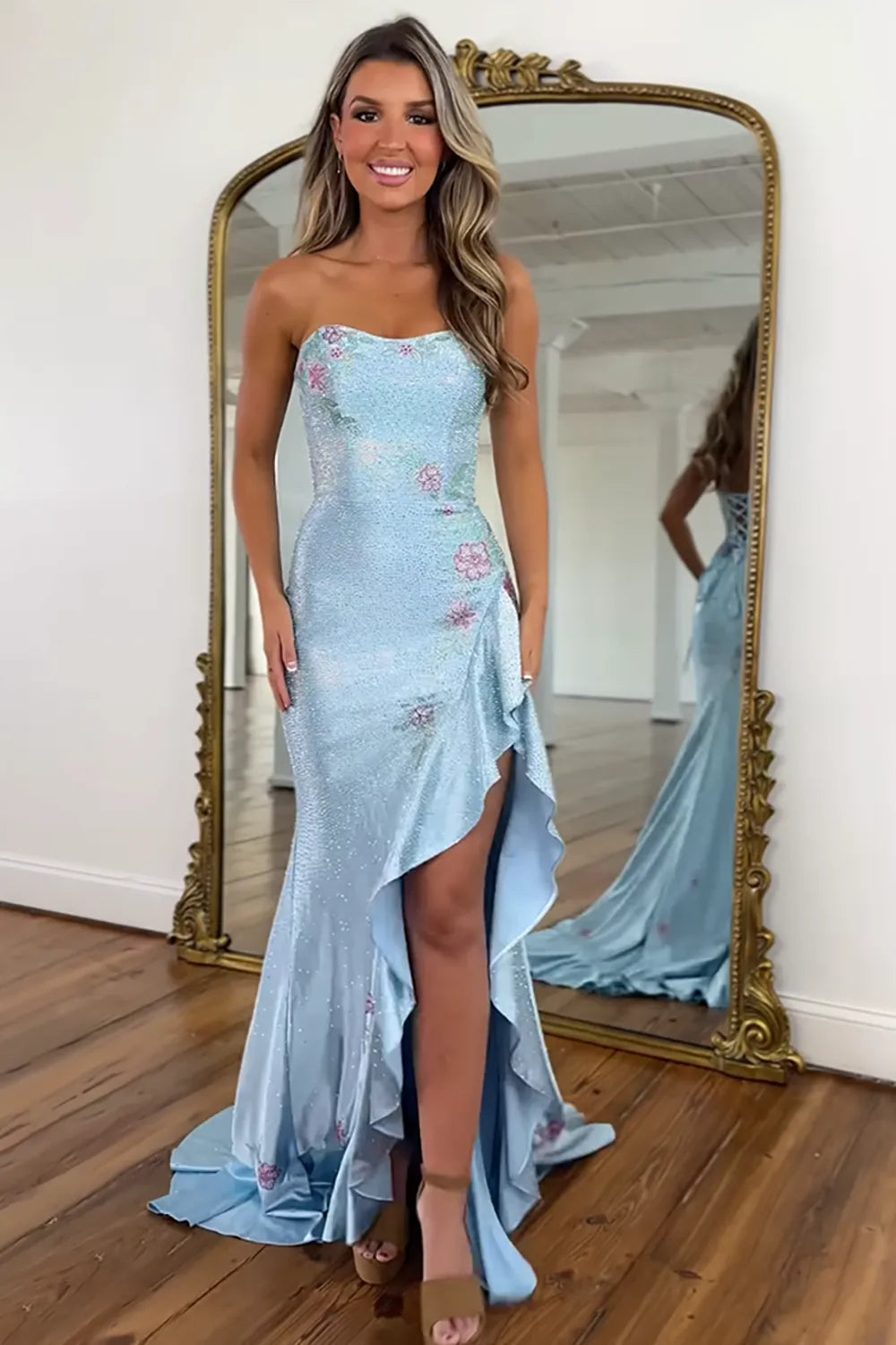 Sparkly White Strapless Beaded Mermaid Long Prom Dress with Slit