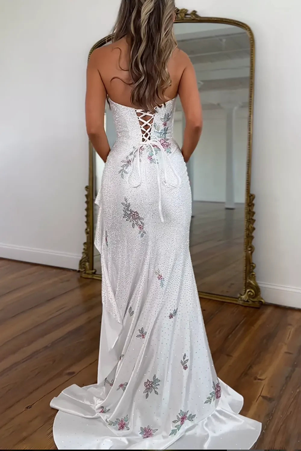 Sparkly White Strapless Beaded Mermaid Long Prom Dress with Slit