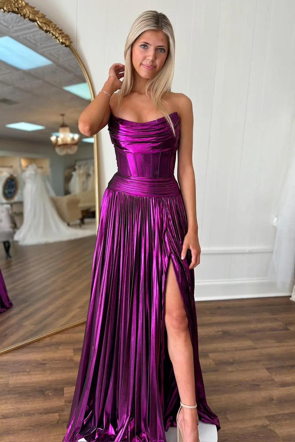 Sparkly Purple Strapless A-Line Metallic Pleated Long Prom Dress