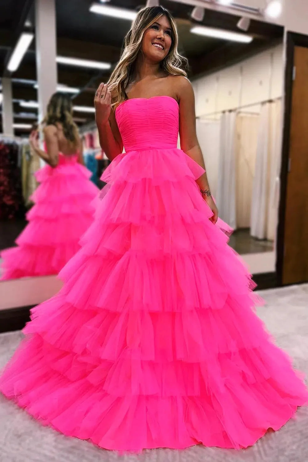 Hot Pink Strapless A-Line Tulle Tiered Long Prom Dress