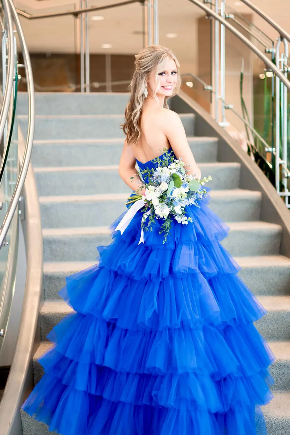 Hot Pink Strapless A-Line Tulle Tiered Long Prom Dress