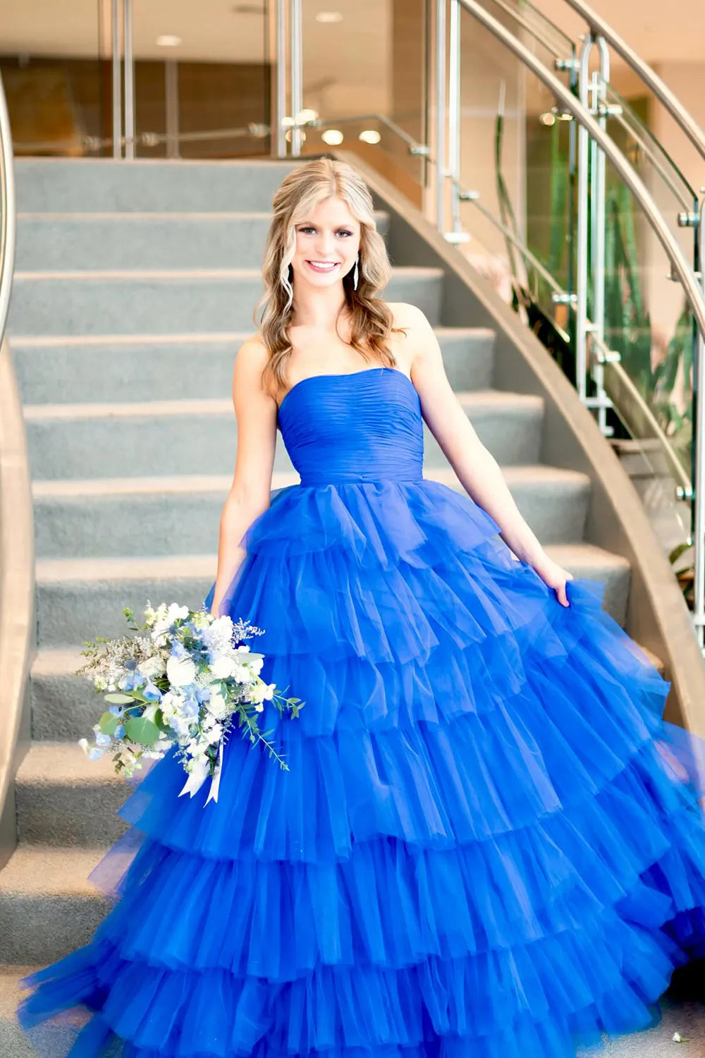 Hot Pink Strapless A-Line Tulle Tiered Long Prom Dress