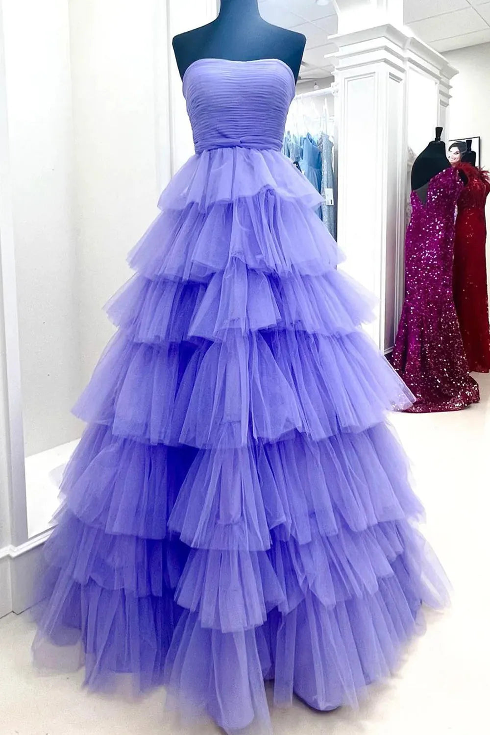 Hot Pink Strapless A-Line Tulle Tiered Long Prom Dress