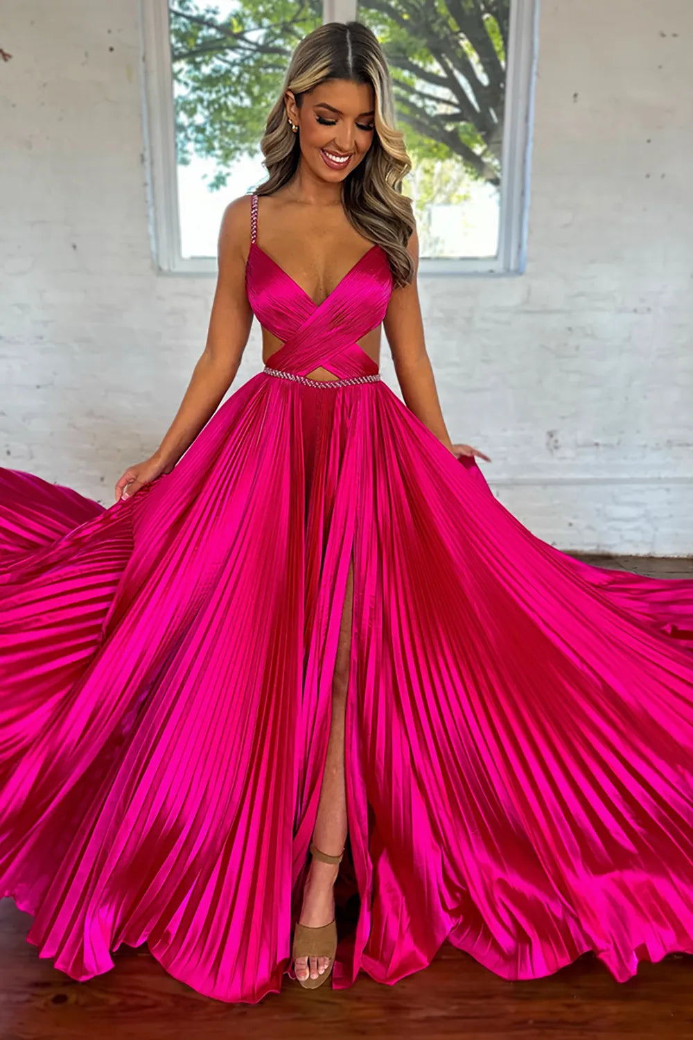 Hot Pink Spaghetti Straps A-Line Satin Long Prom Dress