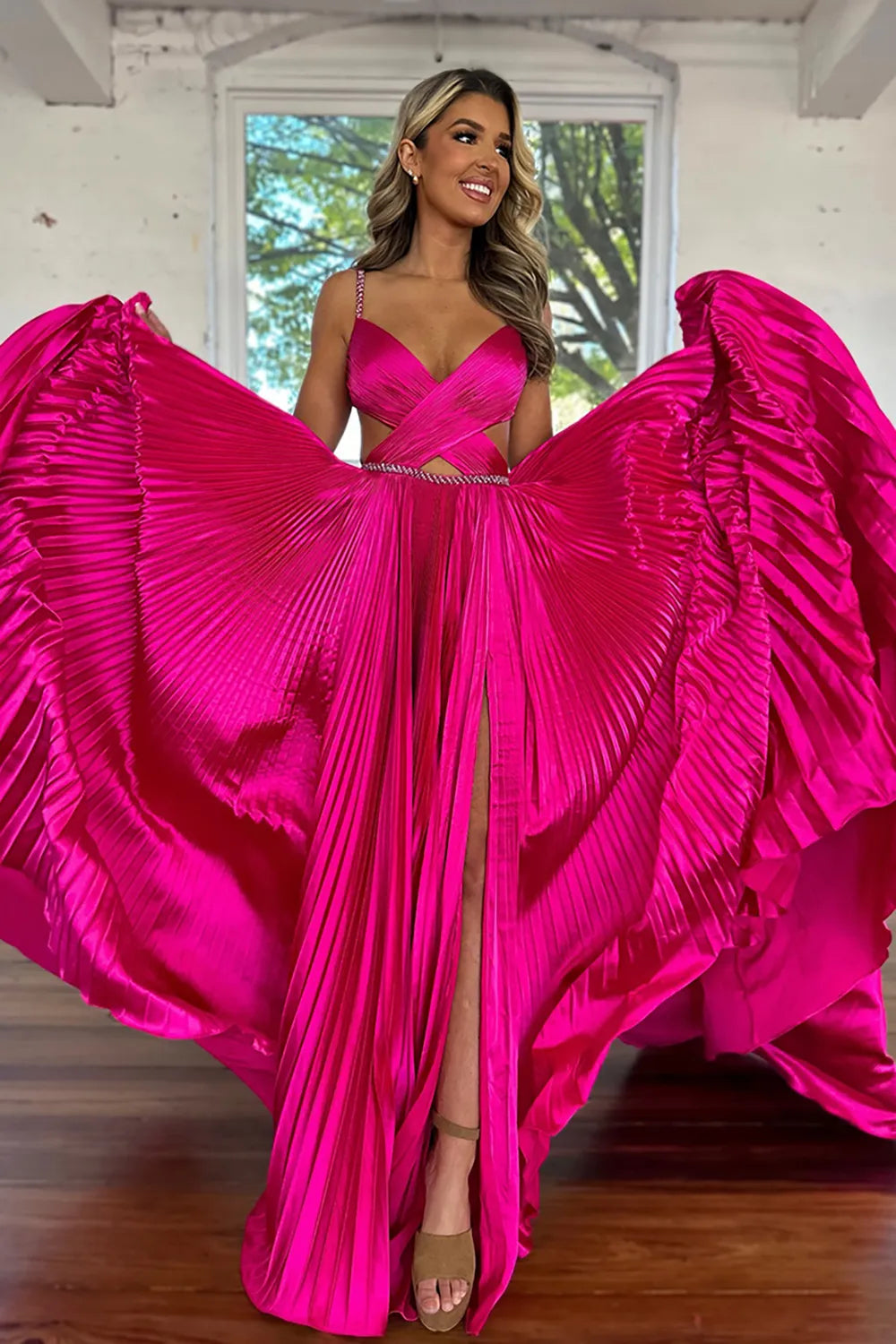 Hot Pink Spaghetti Straps A-Line Satin Long Prom Dress