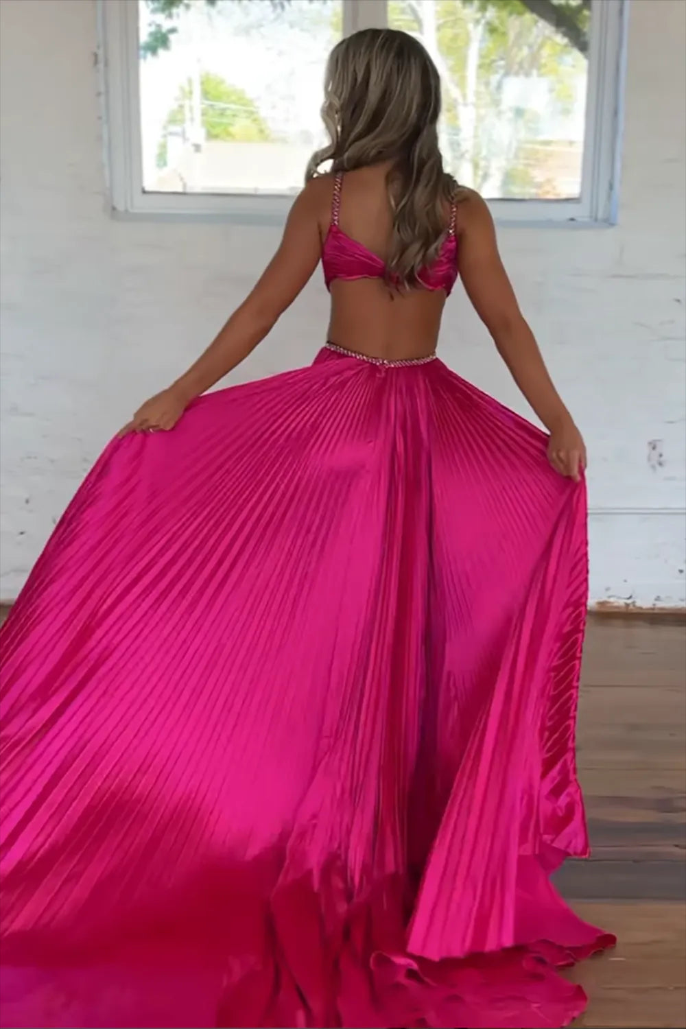 Hot Pink Spaghetti Straps A-Line Satin Long Prom Dress