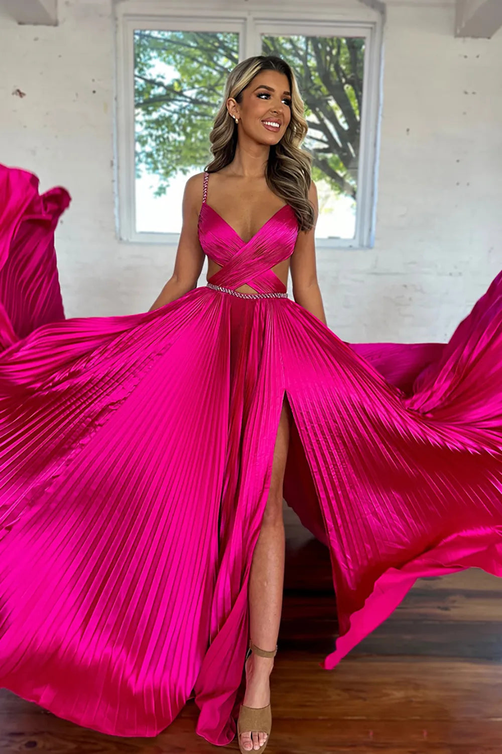 Hot Pink Spaghetti Straps A-Line Satin Long Prom Dress