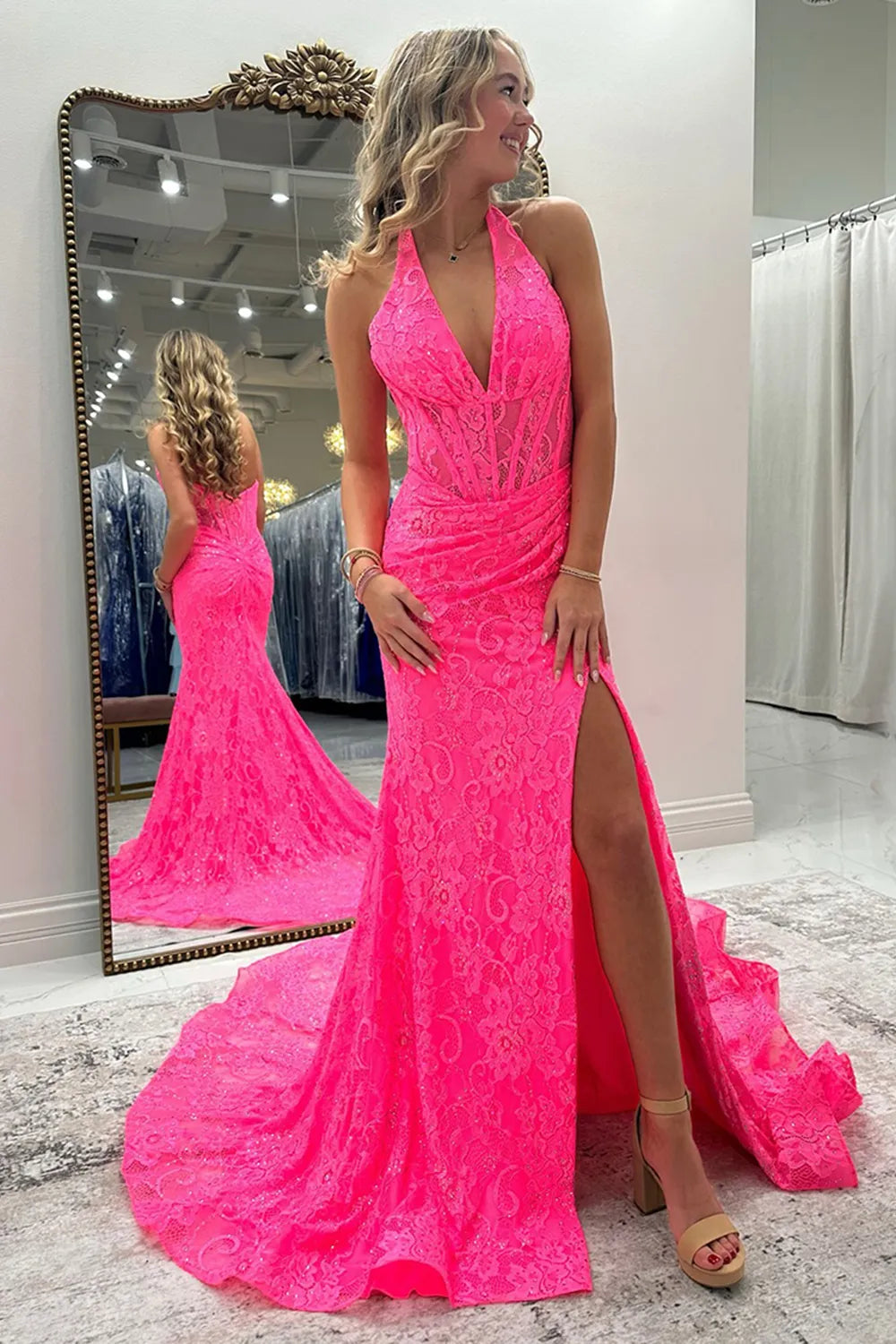Hot Pink Halter Lace Mermaid Long Prom Dress with Slit